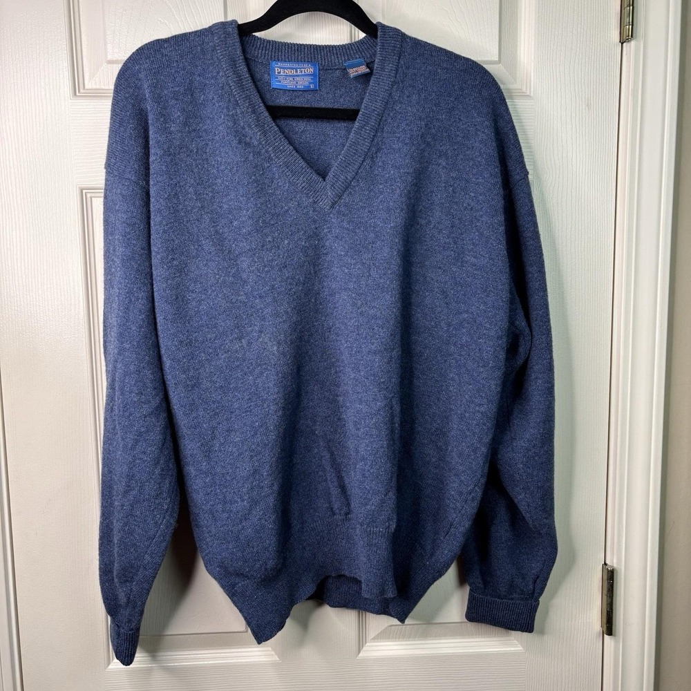Pendleton Sweater Vtg Blue 90's Y2K Virgin Lambs Wool V Neck Pullover‎ Sz L